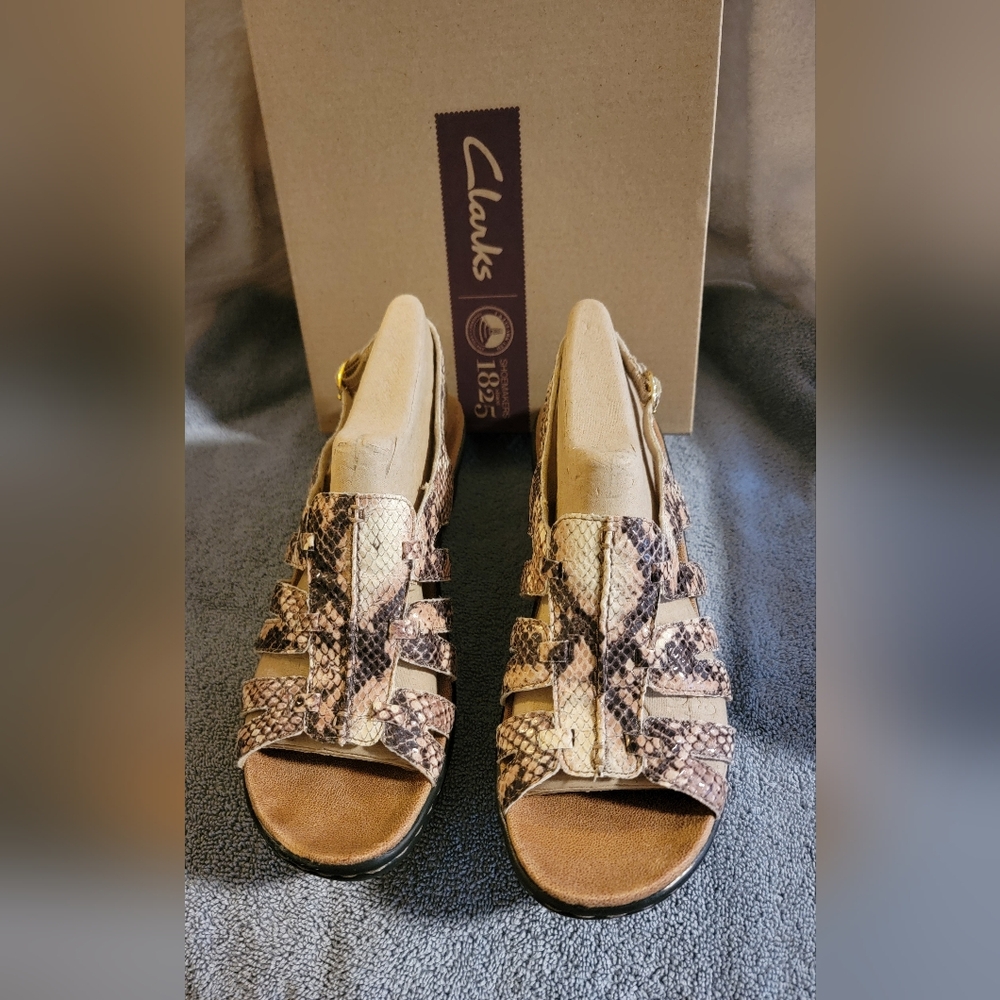 Like New-Clarks sandals. cool snakeskin print and comfy wedge sole. Size 8.5 - Picture 2 of 8
